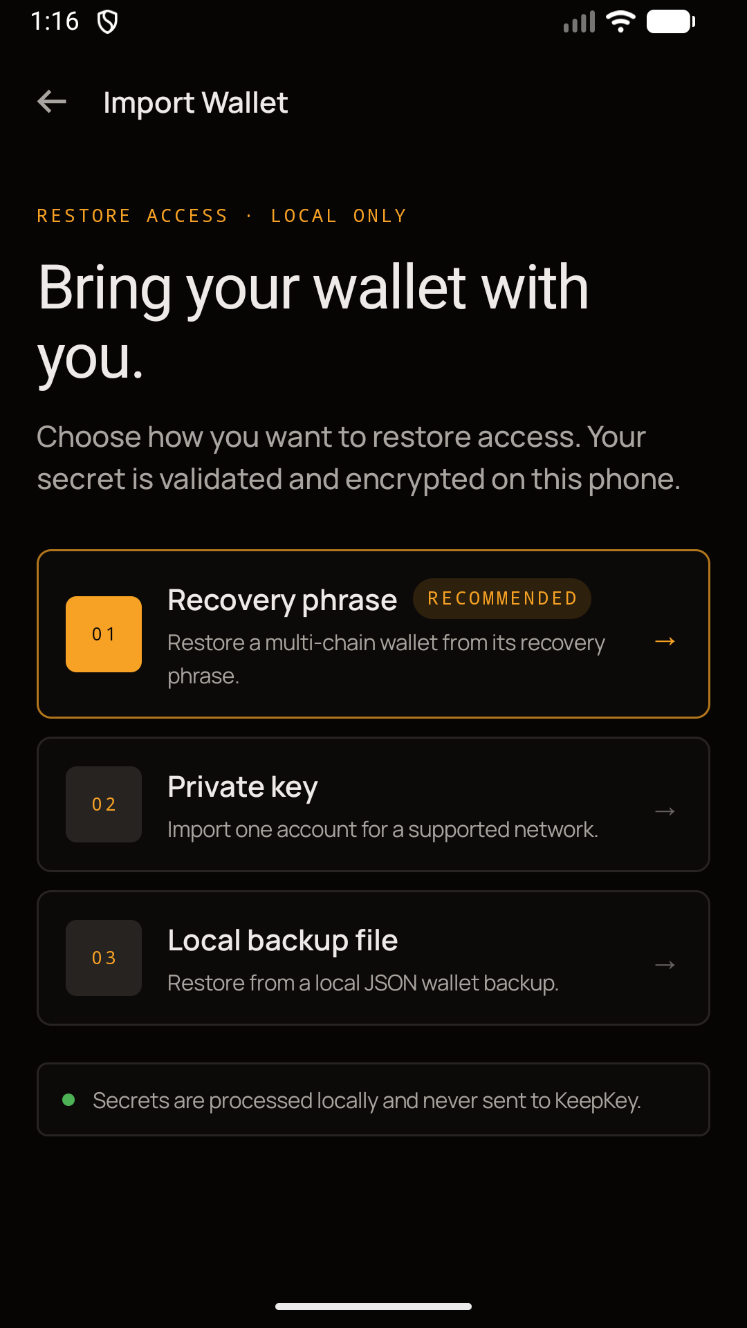 KeepKey Wallet import wallet options